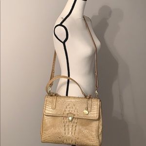BRAHMIN EMBOSSED GOLD TAN LEATHER BAG SHOULDER STRAP AND HANDLE GOLD TRIM